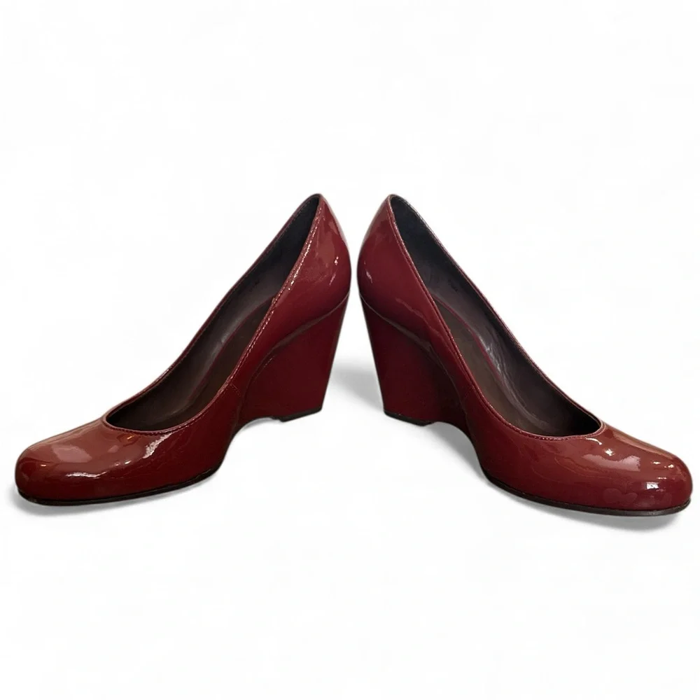 Kate Spade Burgundy Patent Round Toe Wedges 3.25” Heel Height Womens Size 6.5 M